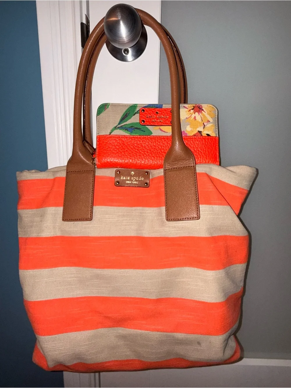 kate spade Orange and Beige Striped Canvas Tote with Brown Handles